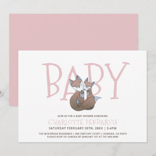 Watercolor Baby Shower Woodland Foxes Pink Girl  Invitation
