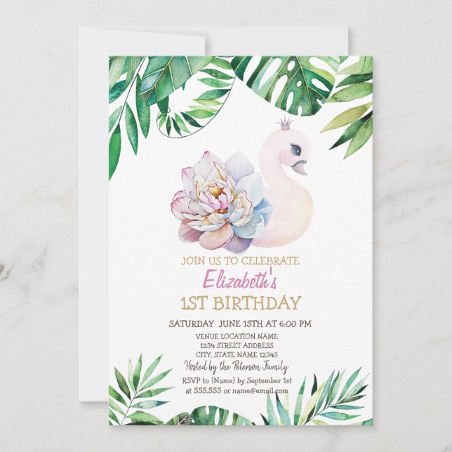 Watercolor Baby Swan,Leaves 1st Birthday  Invitation (Front)