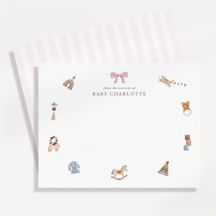 Watercolor Baby Toys Pink Bow Nursery Note Card