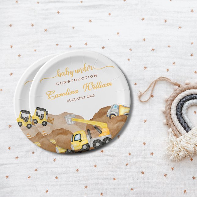 Watercolor baby under construction baby shower paper plate (Creator Uploaded)