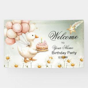 Watercolor Baby White Goose Birthday Party Banner