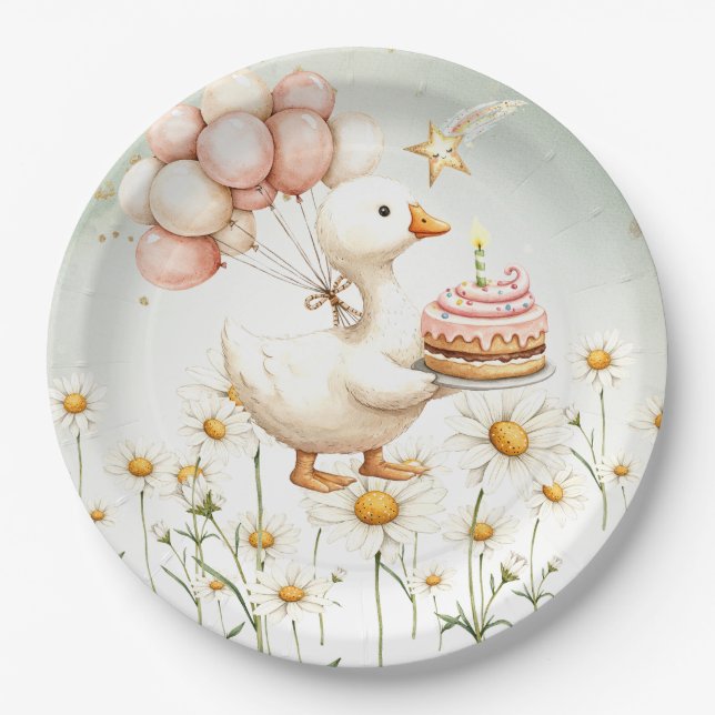 Watercolor Baby White Goose Birthday Party Paper Plate (Front)