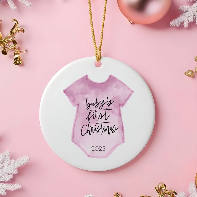 Watercolor Baby's First Christmas Ornament (Baby's First Christmas Ornament | Custom Pink Onesie Keepsake | Personalized gift for baby girl)
