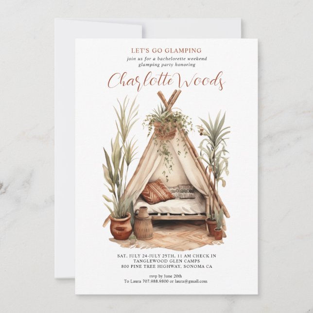 Watercolor Bachelorette Glamping Camping Party Invitation (Front)