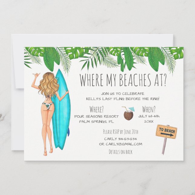 Watercolor Bachelorette Surf Beach Party Invitation (Front)