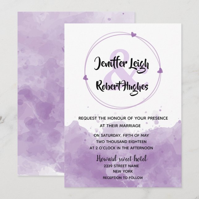 Watercolor background lavender wedding invitation (Front/Back)