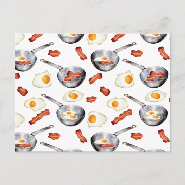 Watercolor Bacon & Eggs Breakfast Food Pattern Postcard (Front)