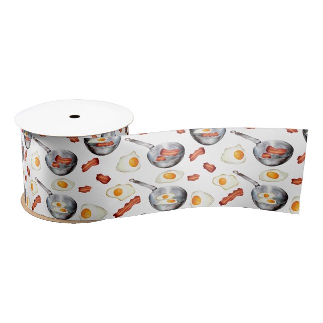 Watercolor Bacon & Eggs Breakfast Food Pattern Satin Ribbon (Spool)