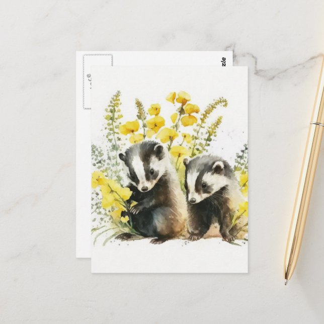Watercolor Badgers Postcard (Front/Back In Situ)