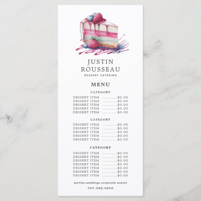 Watercolor Baker Bakery Pastry Chef Dessert Menu (Front)