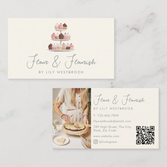 Watercolor Bakery Cupcakes Script Photo QR Code Business Card (Front/Back)