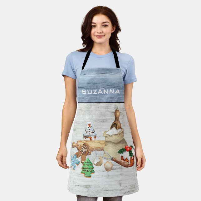 Watercolor Baking Christmas Cookie Bake  Apron (Worn)
