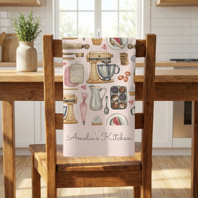 Watercolor Baking Tools Pattern Pink Personalised Tea Towel (Creator Uploaded)