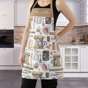 Watercolor Baking Tools Pattern White Brown Apron