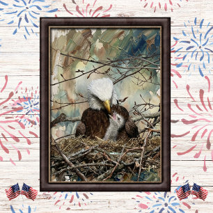 Watercolor Bald Eagle and Eaglet Art Poster