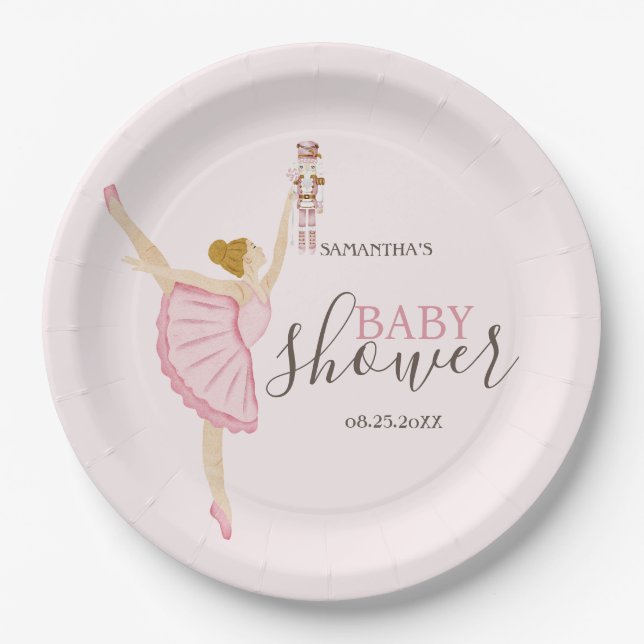 Watercolor Ballerina Nutcracker Pink Baby Shower Paper Plate (Front)