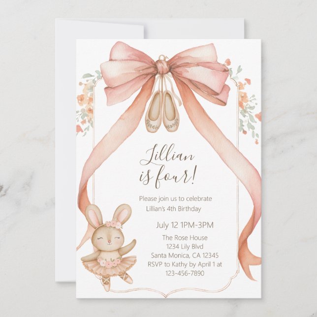 Watercolor Ballet Girls Fourth Birthday Invitation (Front)