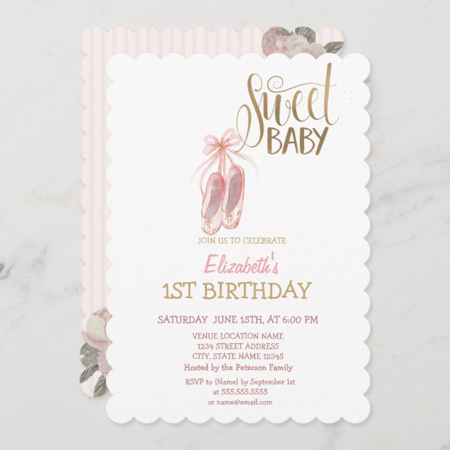 Watercolor Ballet Shoes Striped Birthday  Invitation (Front/Back)