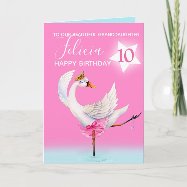 Watercolor ballet swan granddaughter 10th birthday card (Front)