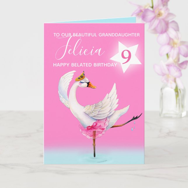 Watercolor ballet swan granddaughter 8th birthday card (Orchid)