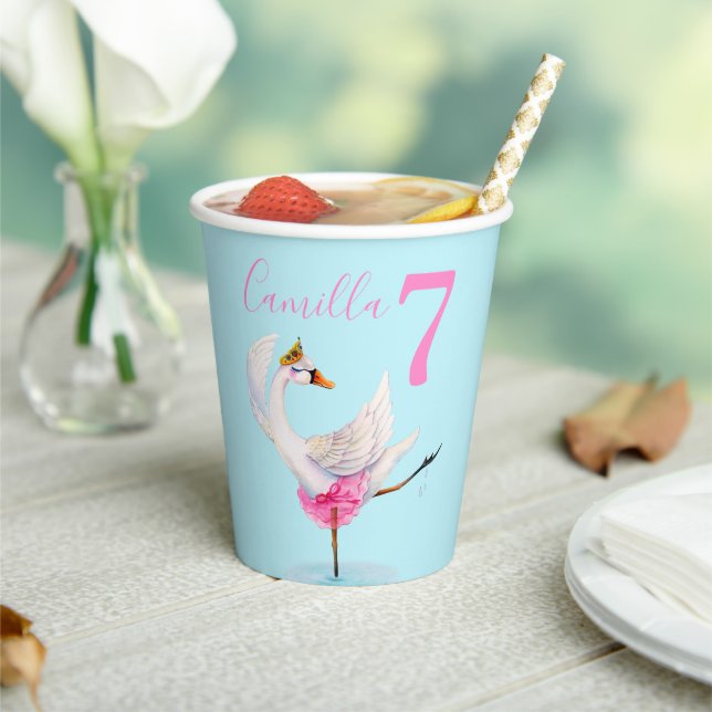 Watercolor ballet swan personalised 7th birthday paper cups (Insitu)