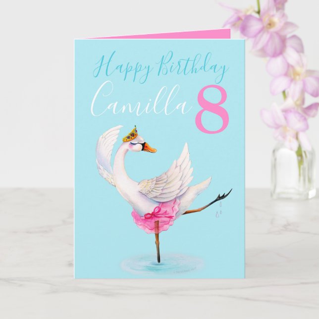 Watercolor ballet swan personalised 8th birthday card (Orchid)