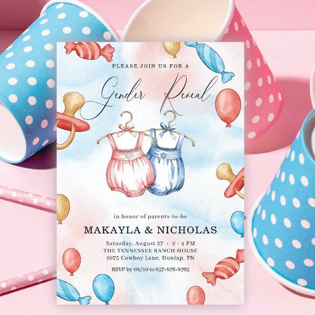 Watercolor ballons Baby Clothes Gender Reveal  Invitation (Creator Uploaded)