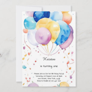 Watercolor Balloon 1st Birthday Invitation