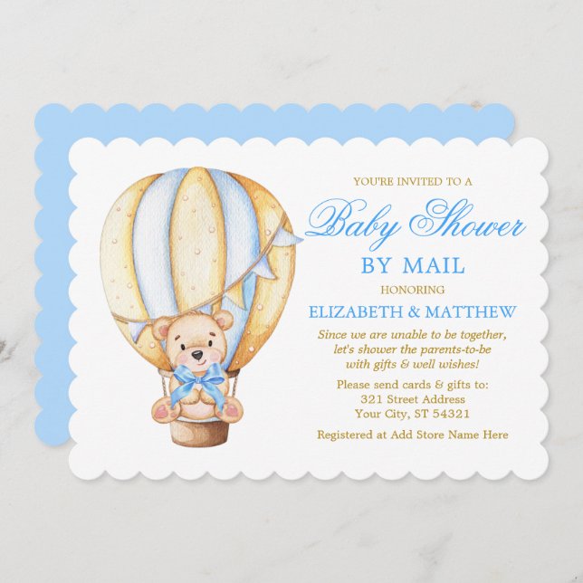Watercolor Balloon Bear Blue Gold Shower by Mail Invitation (Front/Back)