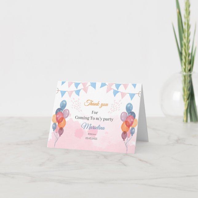 Watercolor Balloon Birthday Folded Thank You Card (Front)