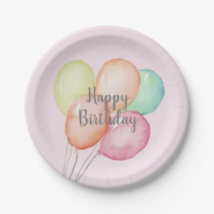 Watercolor Balloon Bunch Pink Birthday Party Paper Plate