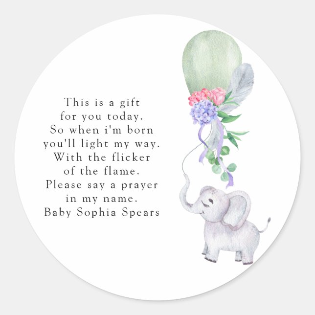 Watercolor Balloon, Elephant - Prayer Candle Label (Front)