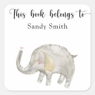 Watercolor balloon Elephant - this book belongs to Square Sticker