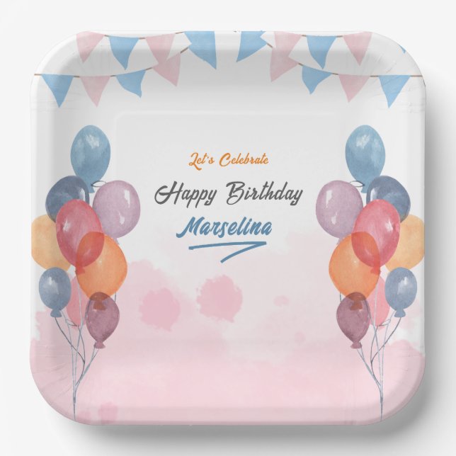 Watercolor Balloon girl birthday party Paper Plate (Front)