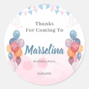 Watercolor Balloon girl birthday party thank you  Classic Round Sticker