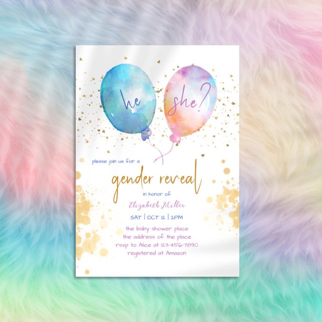 Watercolor Balloon Pink Blue Glitter Gender Reveal Invitation (Creator Uploaded)