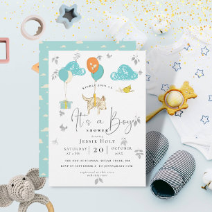 Watercolor Balloon Puppy Baby Boy Shower Invitation