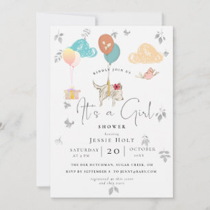 Watercolor Balloon Puppy Baby Girl Shower Invitation