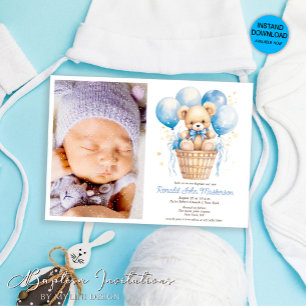  Watercolor Balloon, Teddy Bear, Photo Boy Baptism Invitation