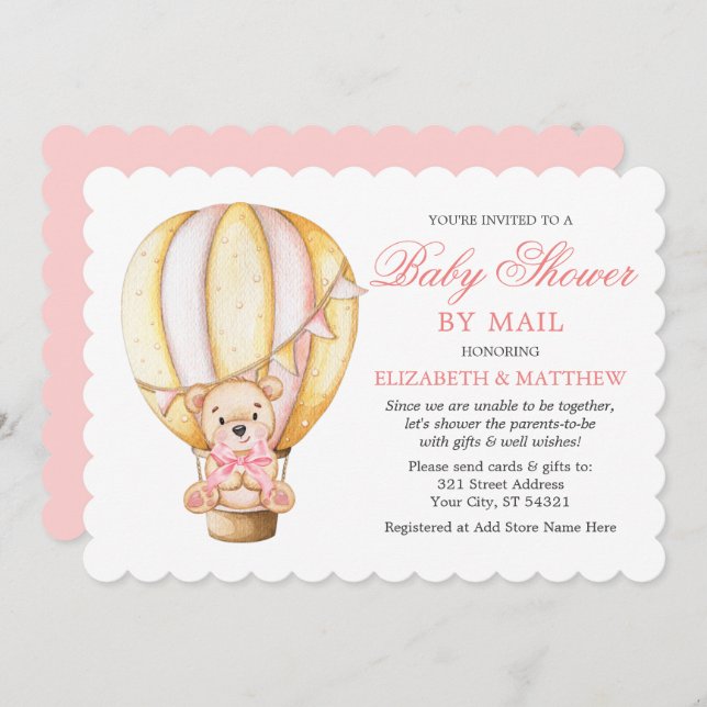 Watercolor Balloon Teddy Bear Pink Shower by Mail Invitation (Front/Back)