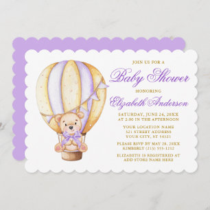 Watercolor Balloon Teddy Bear Purple Baby Shower Invitation