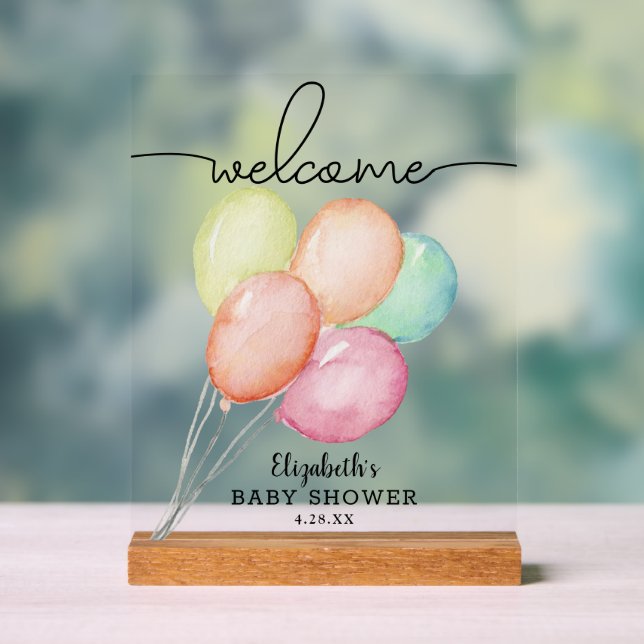 Watercolor Balloons Baby Shower Welcome Acrylic Sign (Neutral)