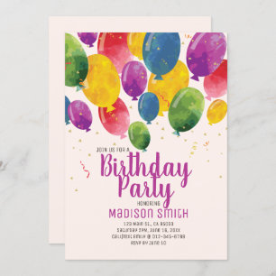Watercolor Balloons Birthday Party Invitation