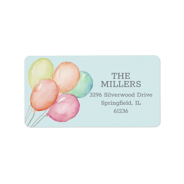 Watercolor Balloons Blue Address Label (Front)