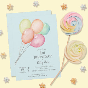 Watercolor Balloons Boy's 1st Birthday Invitation