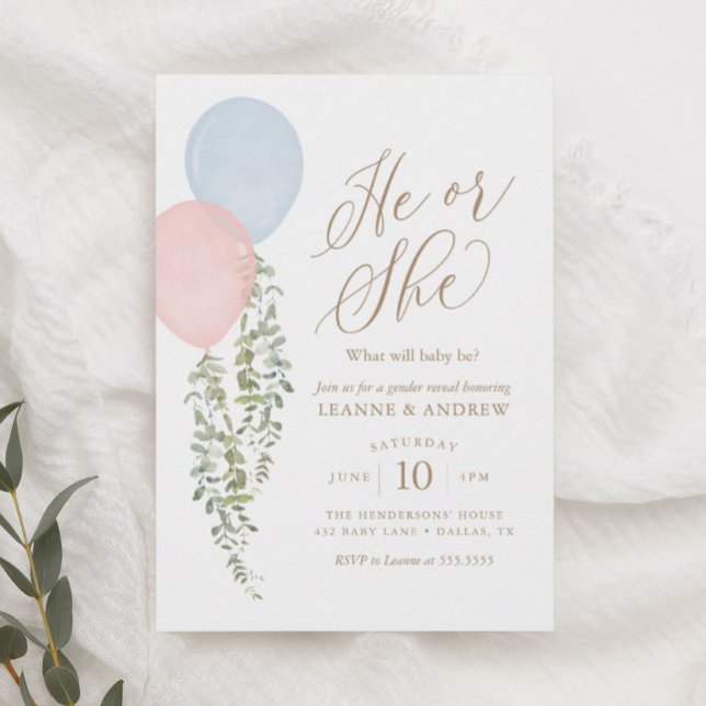 Watercolor Balloons Eucalyptus Gender Reveal Invitation (Creator Uploaded)