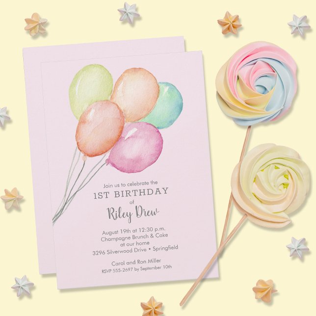 Watercolor Balloons Girl 1st Birthday Invitation (Creator Uploaded)