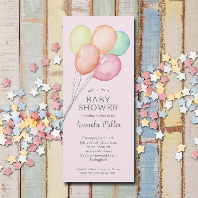 Watercolor Balloons Girl Baby Shower Invitation (Watercolor balloons girl baby shower invitations, PRINTED and/or INSTANT DOWNLOAD)