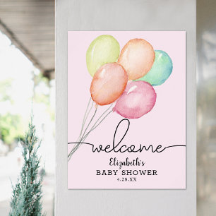 Watercolor Balloons Girl Baby Shower Welcome Poster