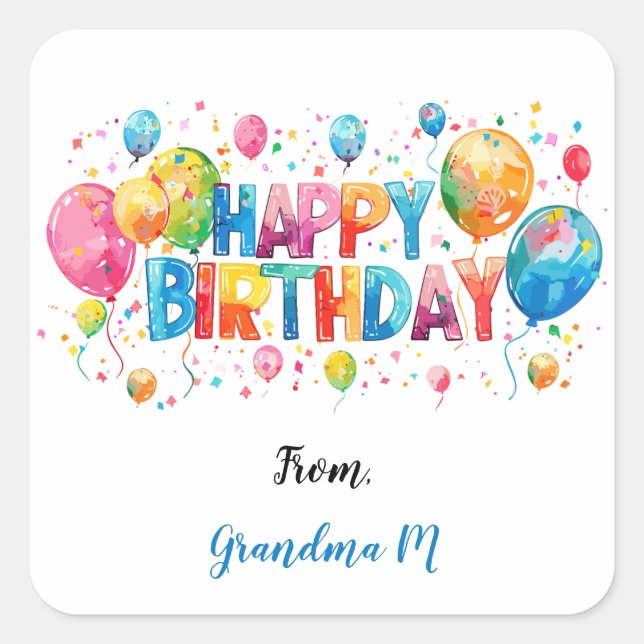 Watercolor Balloons Happy Birthday Square Sticker (Front)